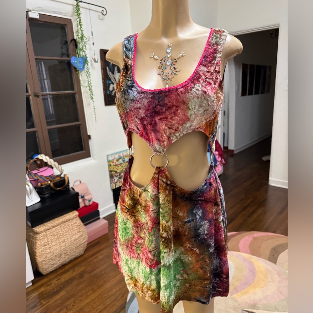 Current Mood Multicolor Velvet Cut Out Tie-Dye Mini Dress